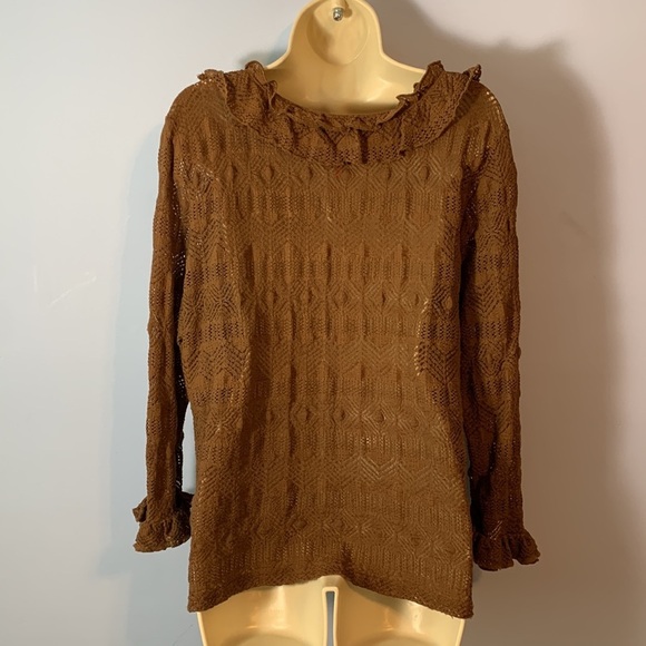 Oscar by Oscar De Larenta Brown Lace mesh Top blouse scoop neck ruffle trim XL - Picture 3 of 8